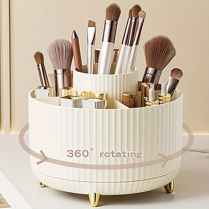 360° Rotating Makeup Brush Holder with 5 Compartments – Space-Saving Organizer for Cosmetics & Accessories