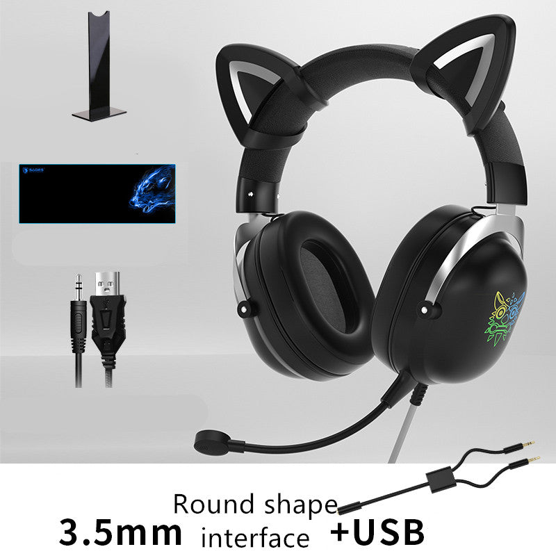 Casque de jeu RGB à réduction de bruit avec microphone et oreilles de chat amovibles.