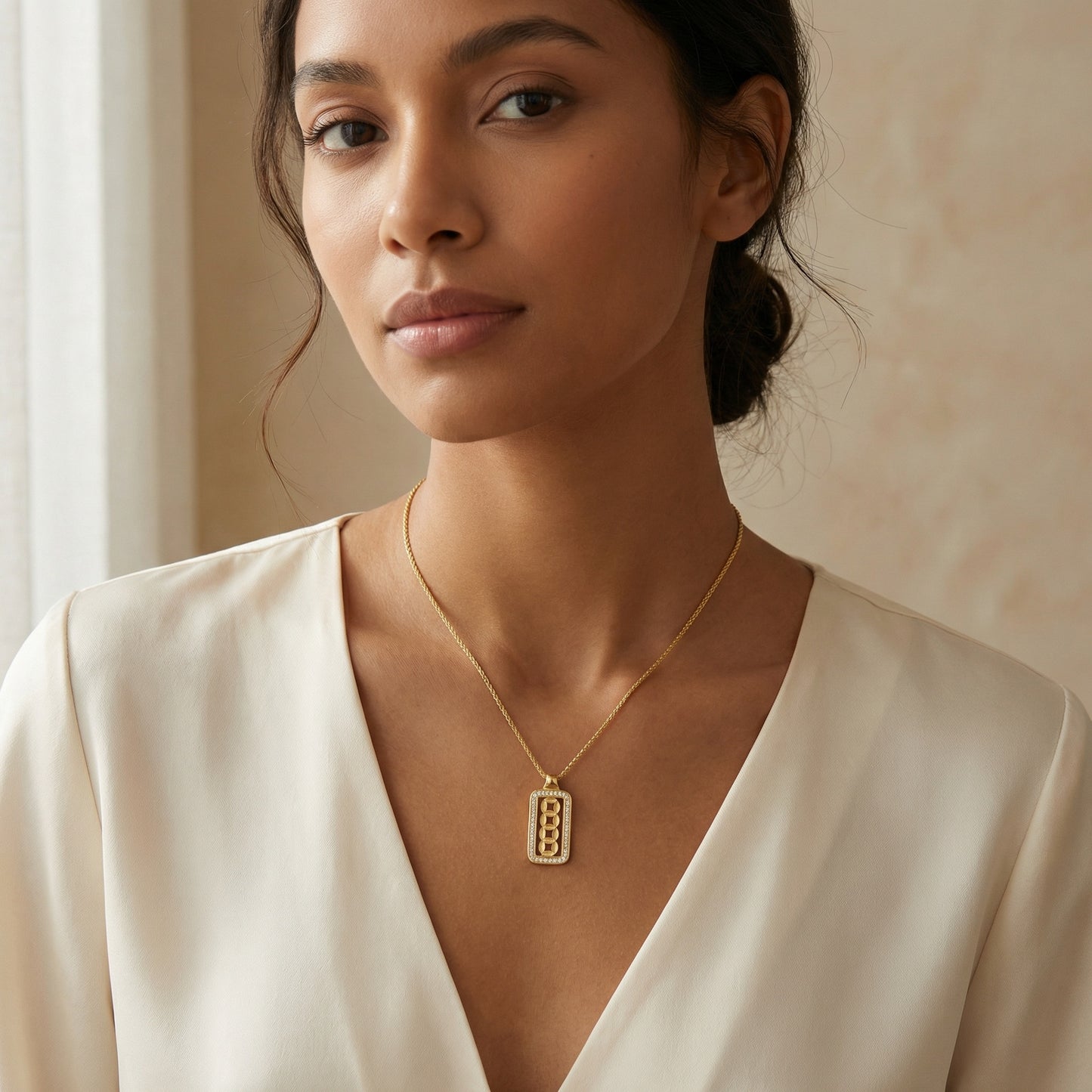 925 Sterling Silver Ornate Rectangular Medallion Necklace Featuring Interlocking Circular Motifs and Shimmering Accents