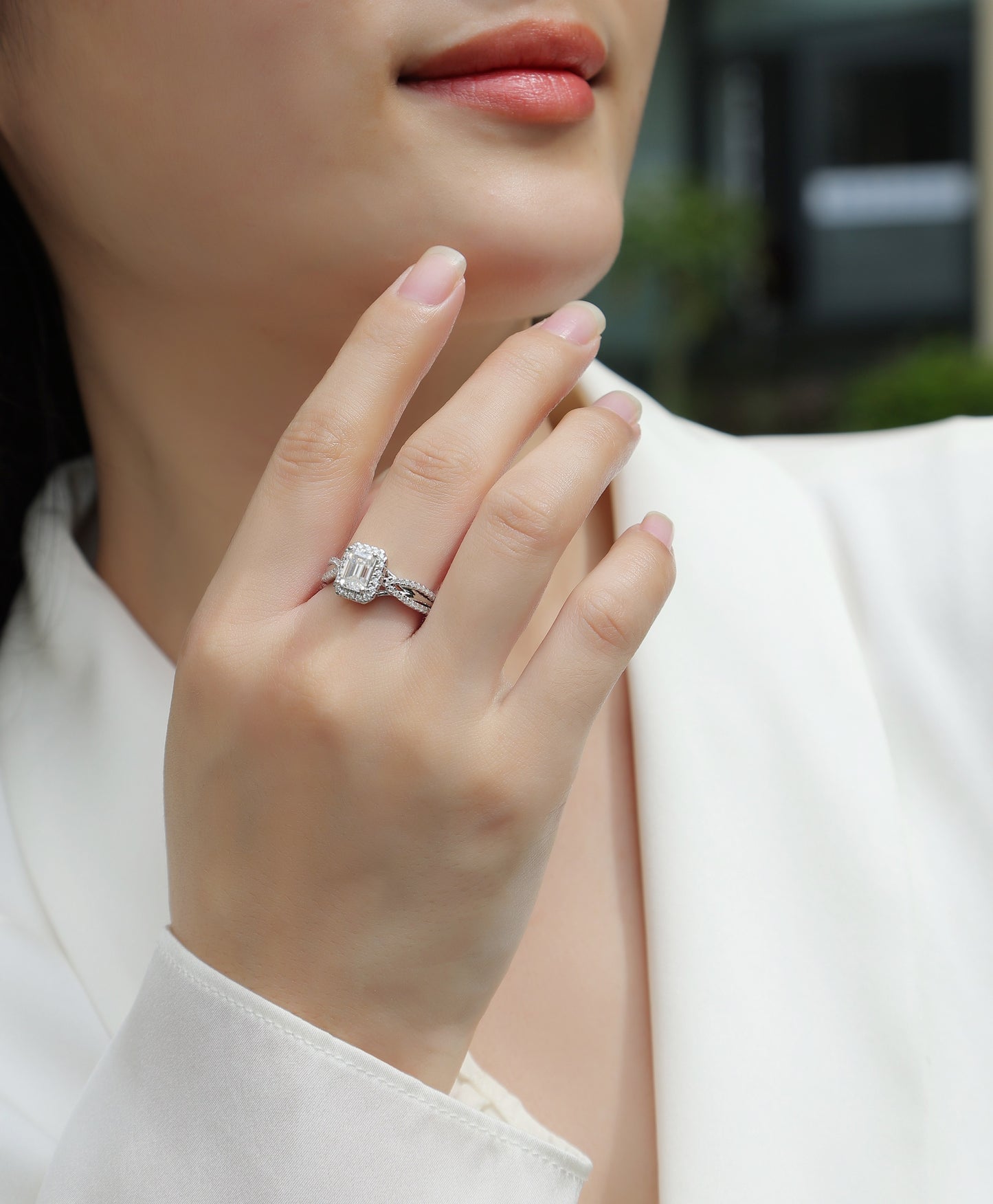 Daytime Dream - A Wedding Ring Set With Top-quality Moissanite S925 Silver And Platinum-plated Diamond. The Ring Can Be Inspected With A Diamond Pen