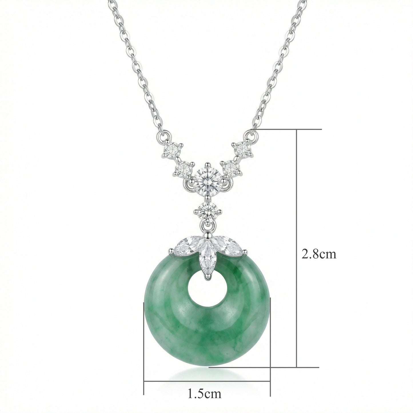 925 Sterling Silver Elegant Green Jade Pi Disc Pendant Necklace with Shimmering Crystal Accents