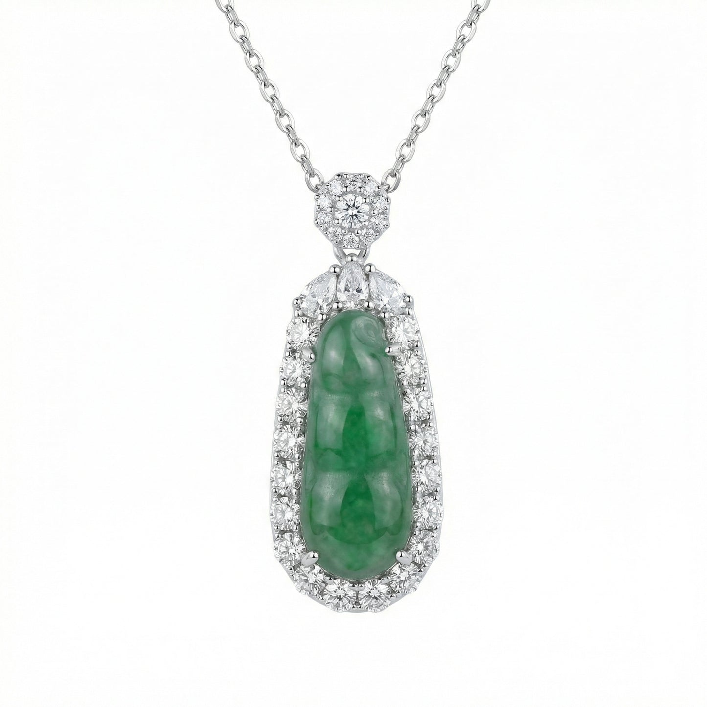 925 Sterling Silver Elegant Green Jadeite Pea Pod Pendant Necklace with Radiant Diamond Halo