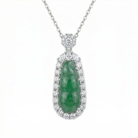 925 Sterling Silver Elegant Green Jadeite Pea Pod Pendant Necklace with Radiant Diamond Halo