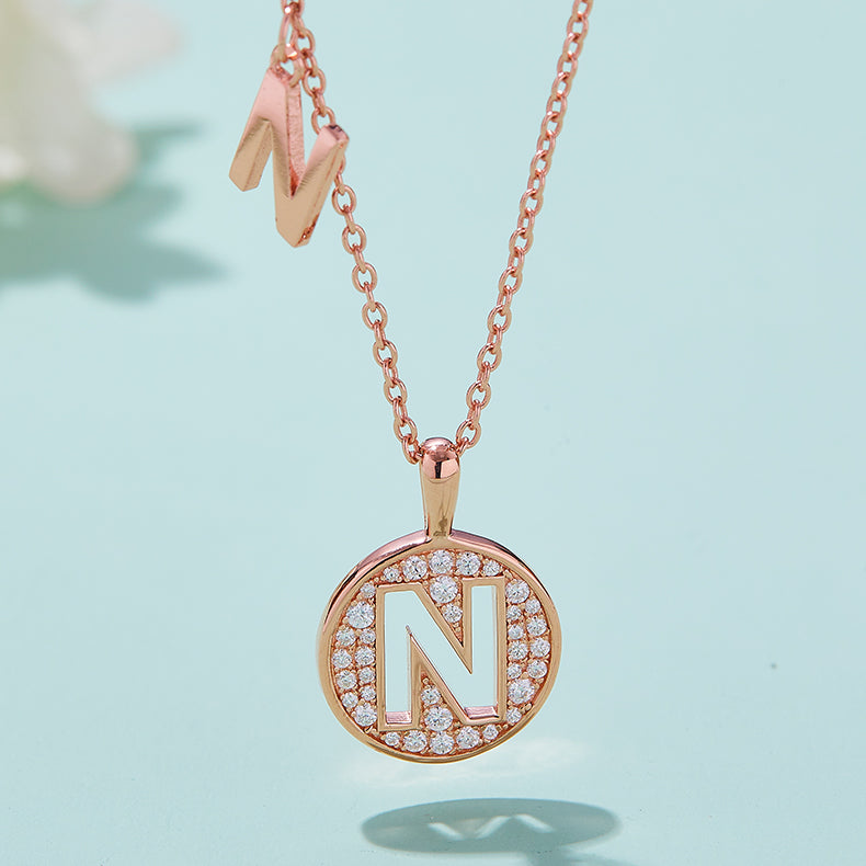 Luxury Initial Letter Necklace Pendant – N , S925 Silver Rose Gold Plated with Top-Quality Brilliant Moissanite