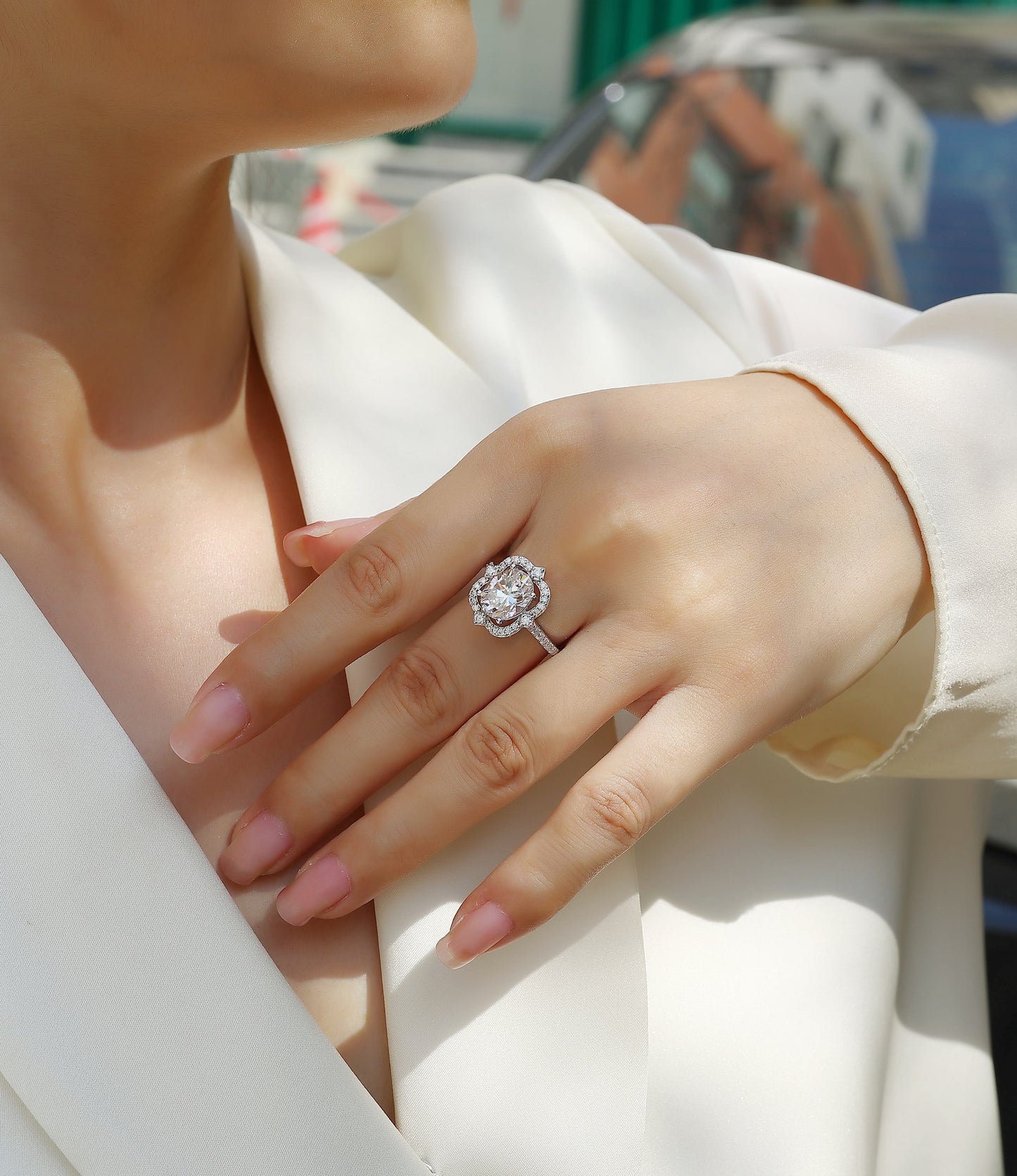 Camellia - Luxury Silver Ring Set With Top-quality Egg-shaped Moissanite D Color VVS,  S925 Silver And Platinum-plated Diamond Ring