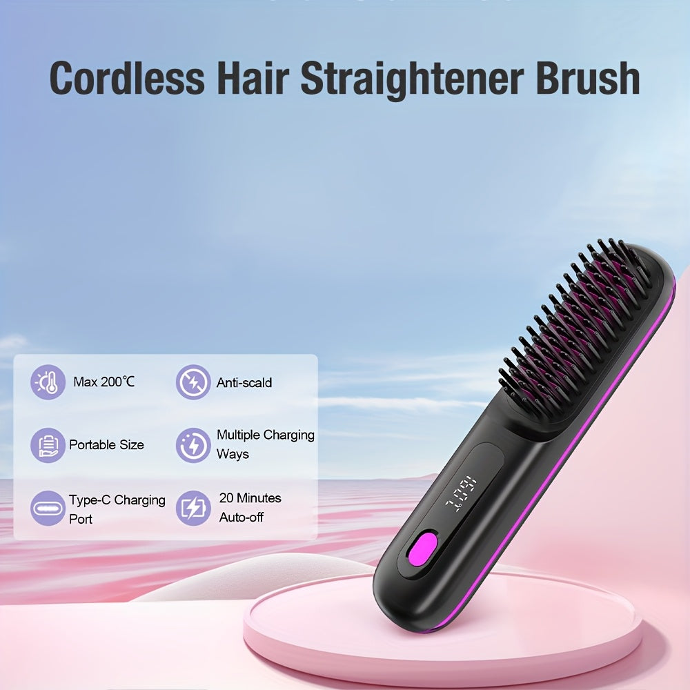 Cordless Hair Straightener Brush: Rapid Heating, USB Rechargeable Hot Comb for Women