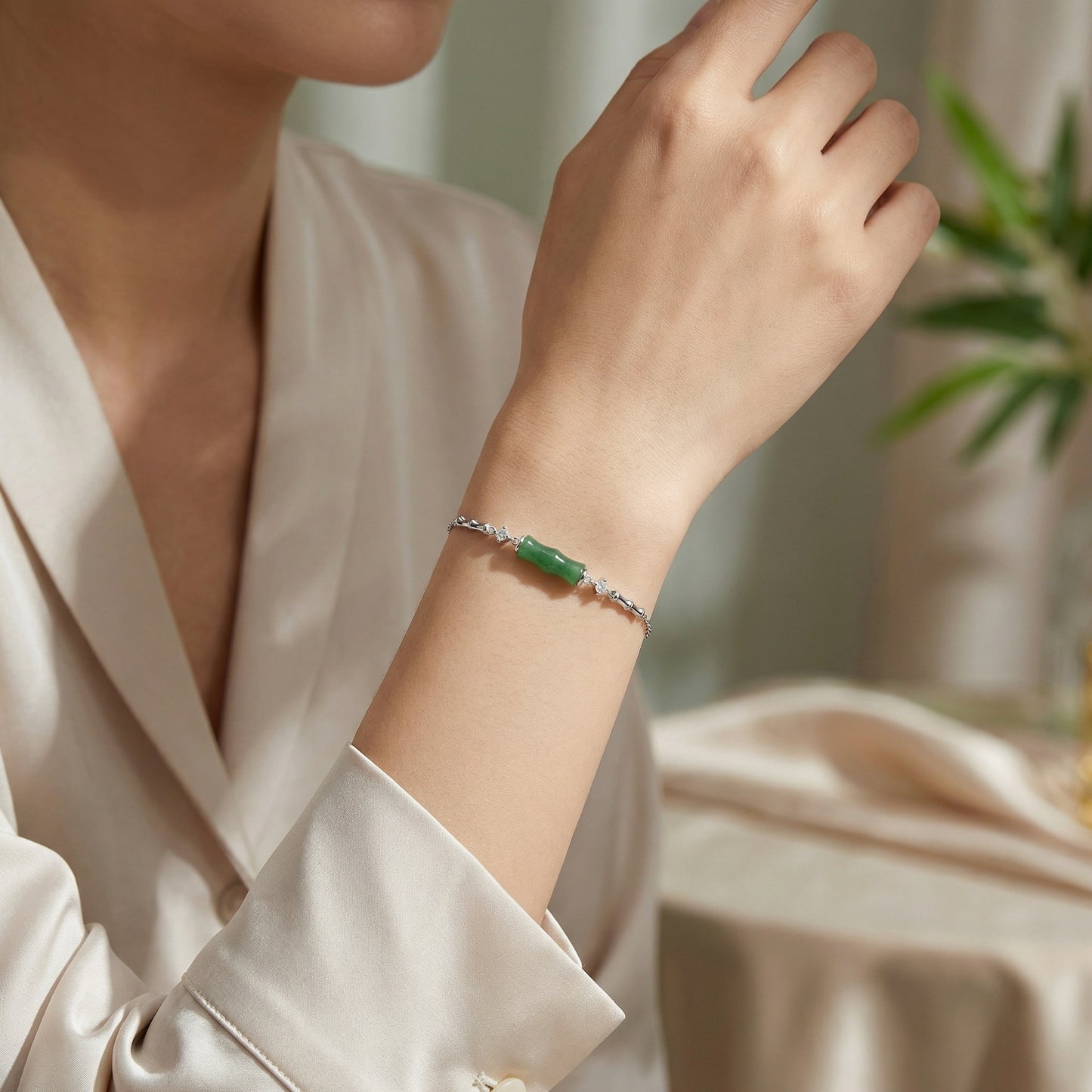 925 Sterling Silver Elegant S925 Sterling Silver Green Jade Bamboo Bracelet with Sparkling Zirconia