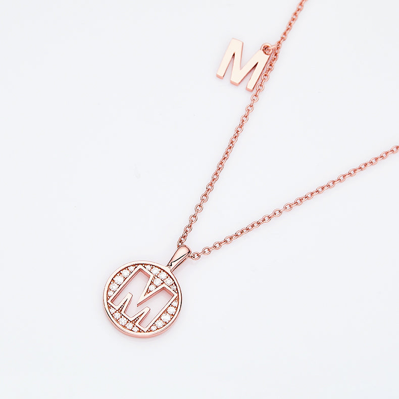 Luxury Initial Letter Necklace Pendant – M , S925 Silver Rose Gold Plated with Top-Quality Brilliant Moissanite