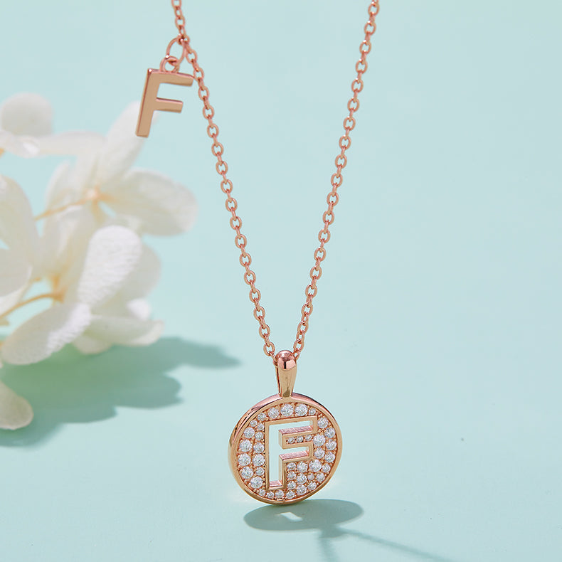 Luxury Initial Letter Necklace Pendant – F , S925 Silver Rose Gold Plated with Top-Quality Brilliant Moissanite