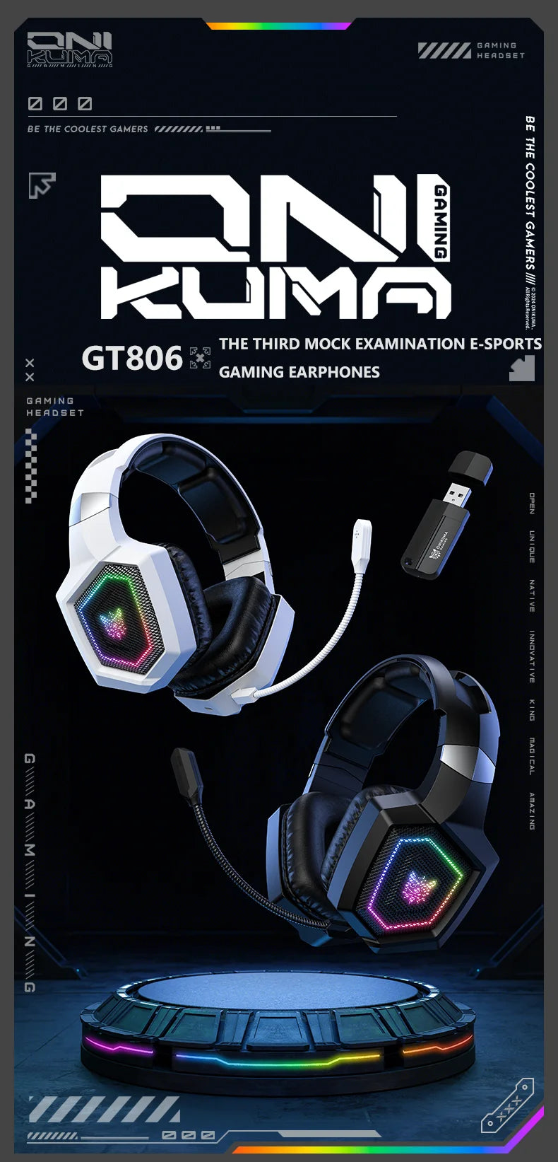ONIKUMA GT806 Tri-Mode Wireless Gaming Headset with Detachable Noise-Cancelling Mic, RGB Lighting, 7.1 Surround Sound for PC, PS5, Mobile Devices