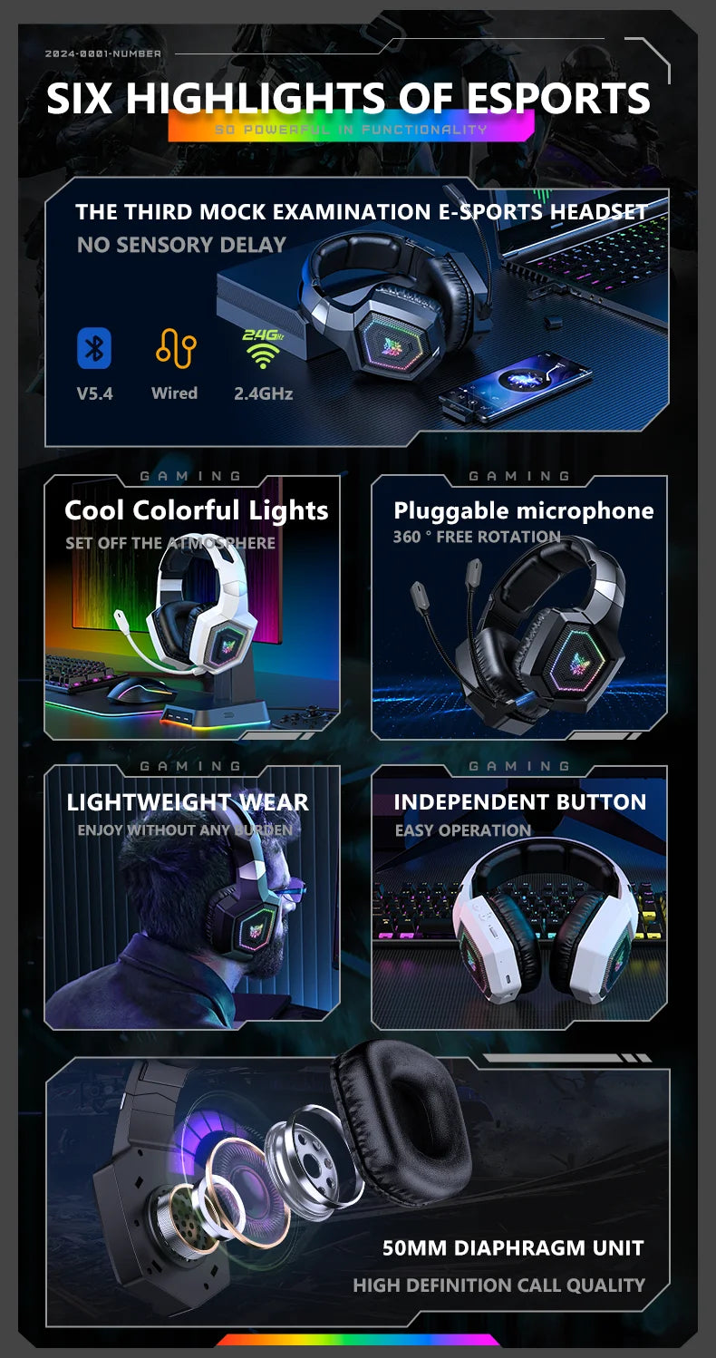 ONIKUMA GT806 Tri-Mode Wireless Gaming Headset with Detachable Noise-Cancelling Mic, RGB Lighting, 7.1 Surround Sound for PC, PS5, Mobile Devices