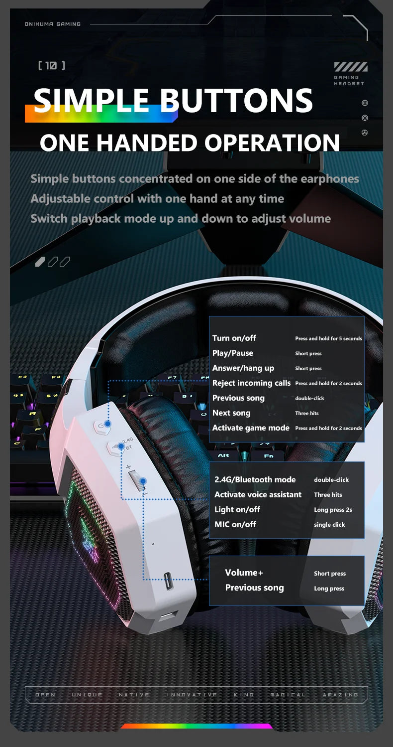 ONIKUMA GT806 Tri-Mode Wireless Gaming Headset with Detachable Noise-Cancelling Mic, RGB Lighting, 7.1 Surround Sound for PC, PS5, Mobile Devices