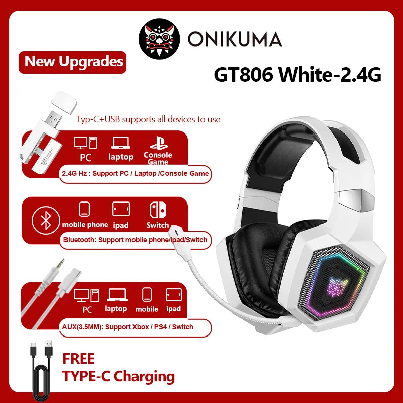 ONIKUMA GT806 Tri-Mode Wireless Gaming Headset with Detachable Noise-Cancelling Mic, RGB Lighting, 7.1 Surround Sound for PC, PS5, Mobile Devices