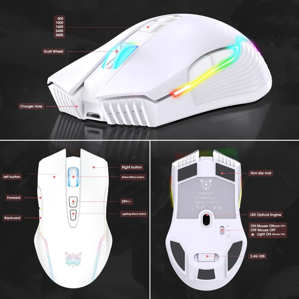 Wireless RGB Mechanical Gaming Mouse - 2.4GHz High-Speed Connection, Adjustable DPI & Ergonomic Design
