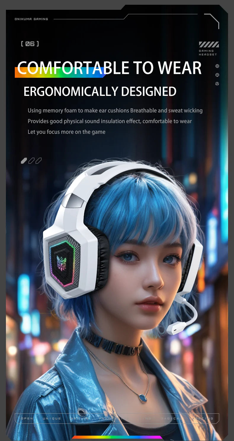 ONIKUMA GT806 Tri-Mode Wireless Gaming Headset with Detachable Noise-Cancelling Mic, RGB Lighting, 7.1 Surround Sound for PC, PS5, Mobile Devices