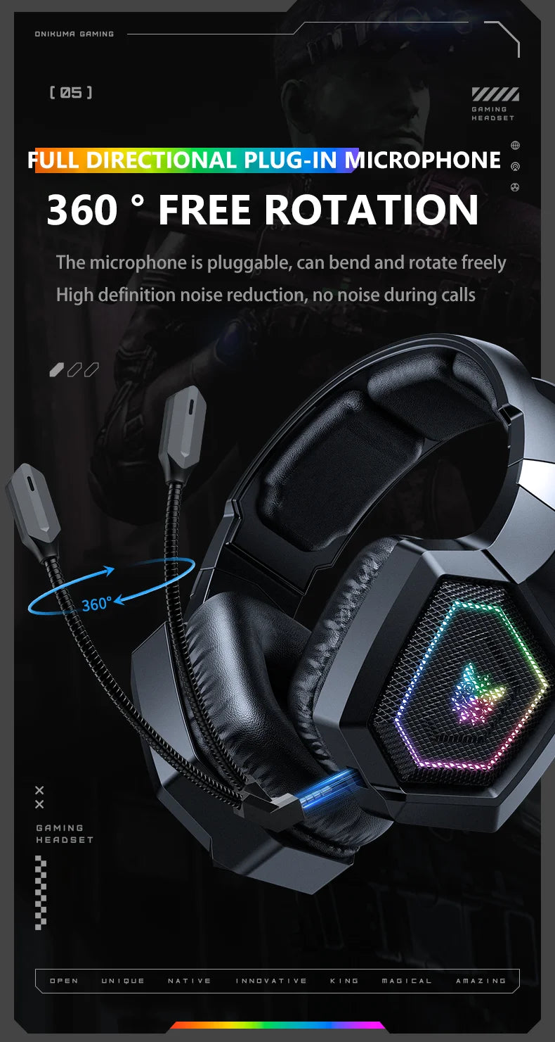 ONIKUMA GT806 Tri-Mode Wireless Gaming Headset with Detachable Noise-Cancelling Mic, RGB Lighting, 7.1 Surround Sound for PC, PS5, Mobile Devices