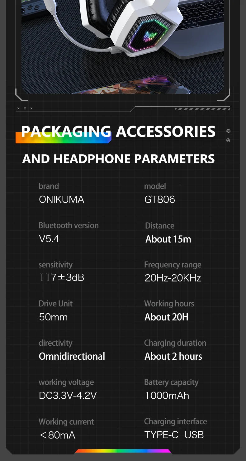 ONIKUMA GT806 Tri-Mode Wireless Gaming Headset with Detachable Noise-Cancelling Mic, RGB Lighting, 7.1 Surround Sound for PC, PS5, Mobile Devices