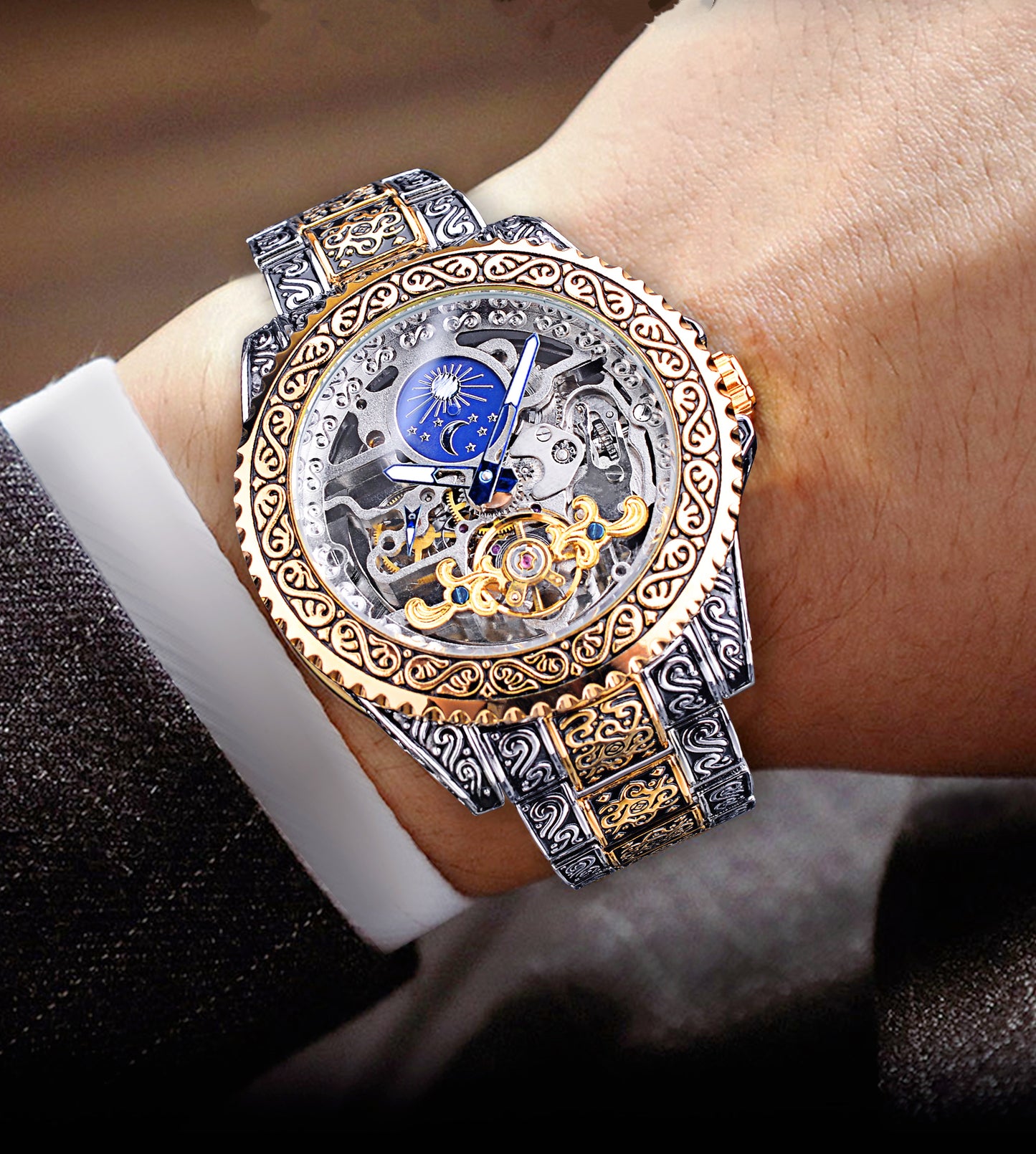 Luxury Men's Skeleton Carved Tourbillon Mechanical Watch - Automatic Self-Wind Wristwatch with Moon Phase