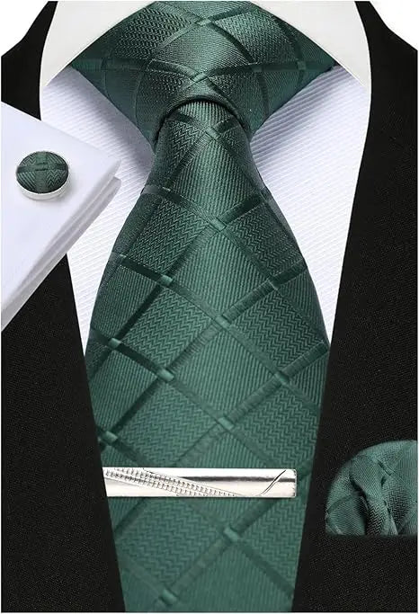 Classic Men’s 100% Silk Woven Tie Set – Plaid Necktie, Pocket Square & Tie Clip