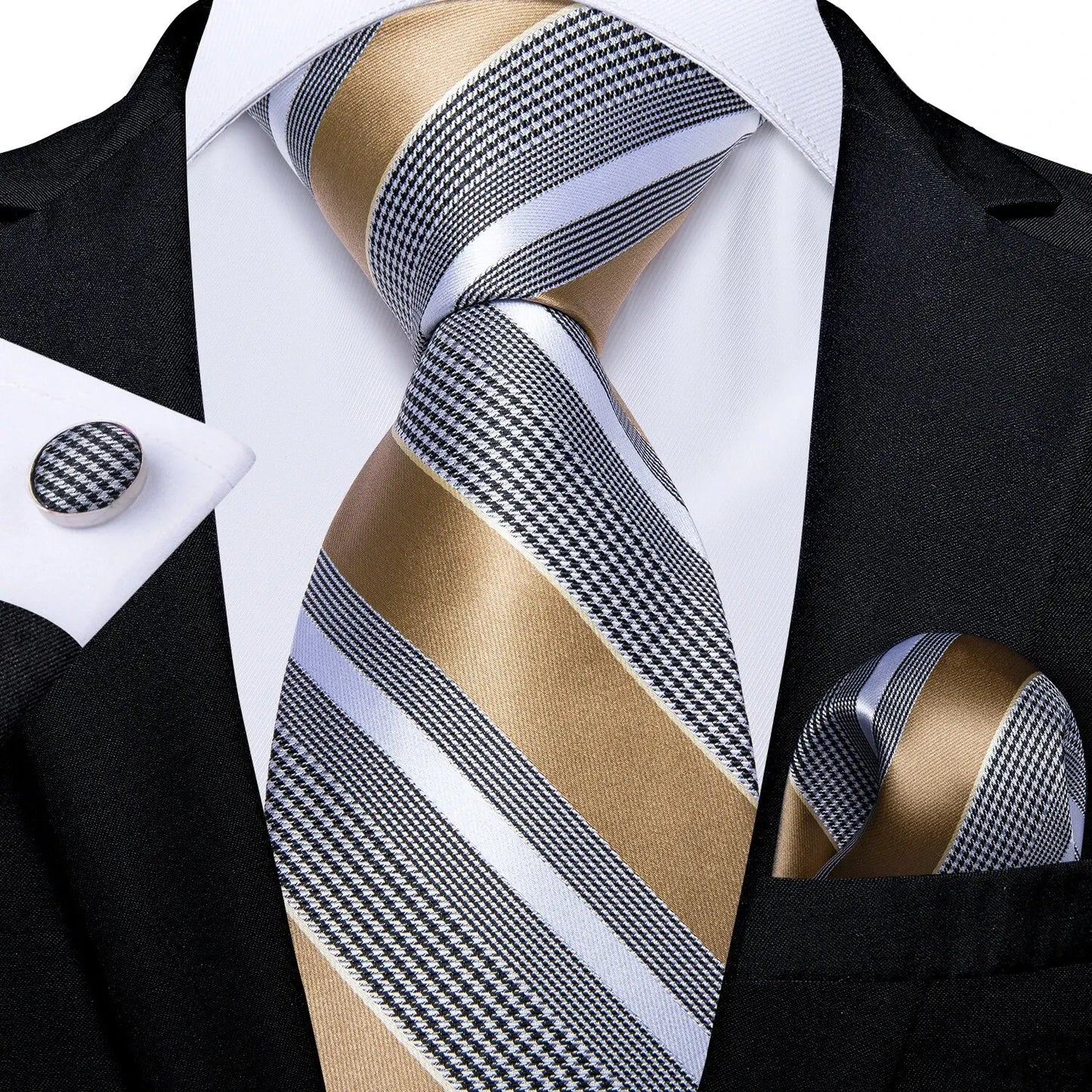 Men’s Luxury Blue Striped Tie Set – 8cm Necktie with Matching Pocket Square & Cufflinks