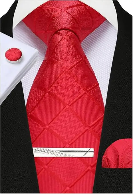 Classic Men’s 100% Silk Woven Tie Set – Plaid Necktie, Pocket Square & Tie Clip