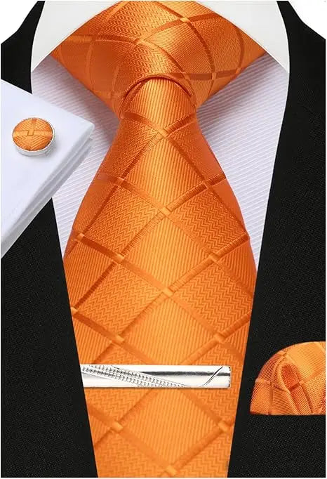 Classic Men’s 100% Silk Woven Tie Set – Plaid Necktie, Pocket Square & Tie Clip