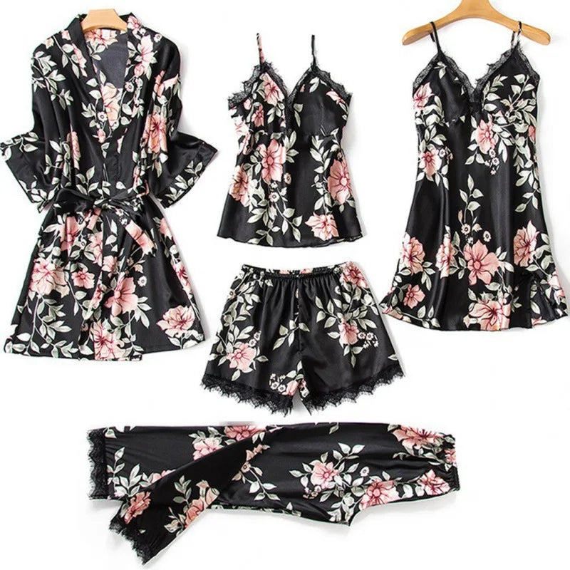 Women’s 5-Piece Sexy Pajama Set – Satin Lingerie with Chest Pad & Matching Bathrobe