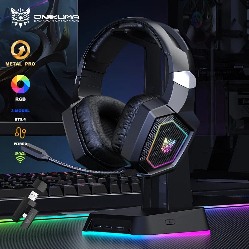 ONIKUMA GT806 Tri-Mode Wireless Gaming Headset with Detachable Noise-Cancelling Mic, RGB Lighting, 7.1 Surround Sound for PC, PS5, Mobile Devices