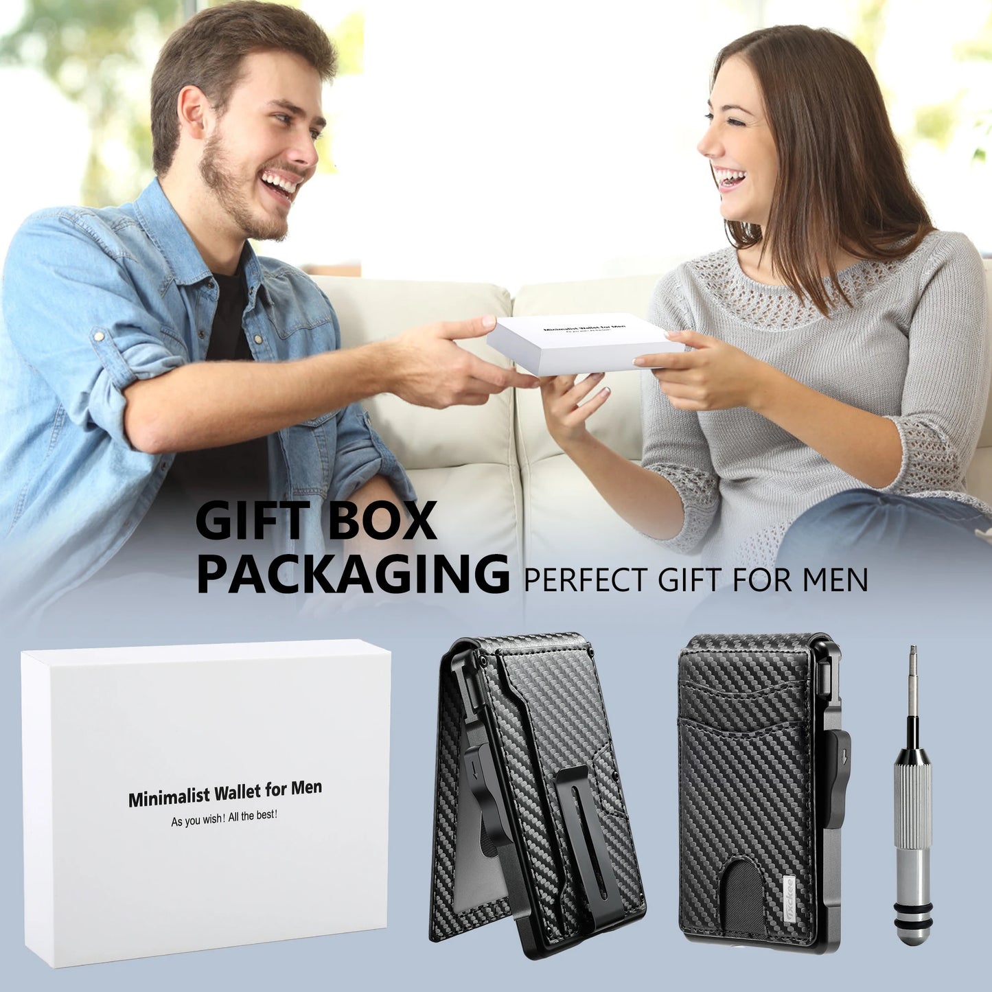 Minimalist Smart Wallet for Men: RFID Blocking Pop-Up Card Holder, Slim Carbon Fiber Leather Bifold with Money Clip & ID Window (Holds 9-13 Cards)