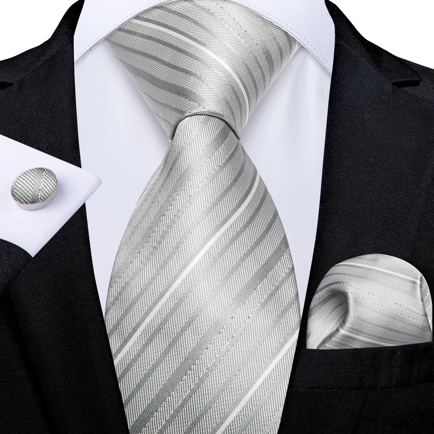 Men’s Luxury Blue Striped Tie Set – 8cm Necktie with Matching Pocket Square & Cufflinks
