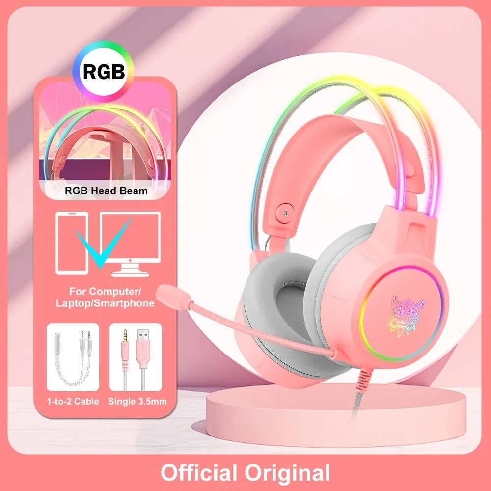 ONIKUMA X15 Pro RGB Gaming Headset – Wired Over-Ear Headphones with Pink Cat Ears & Noise-Cancelling Mic for PC & PS4
