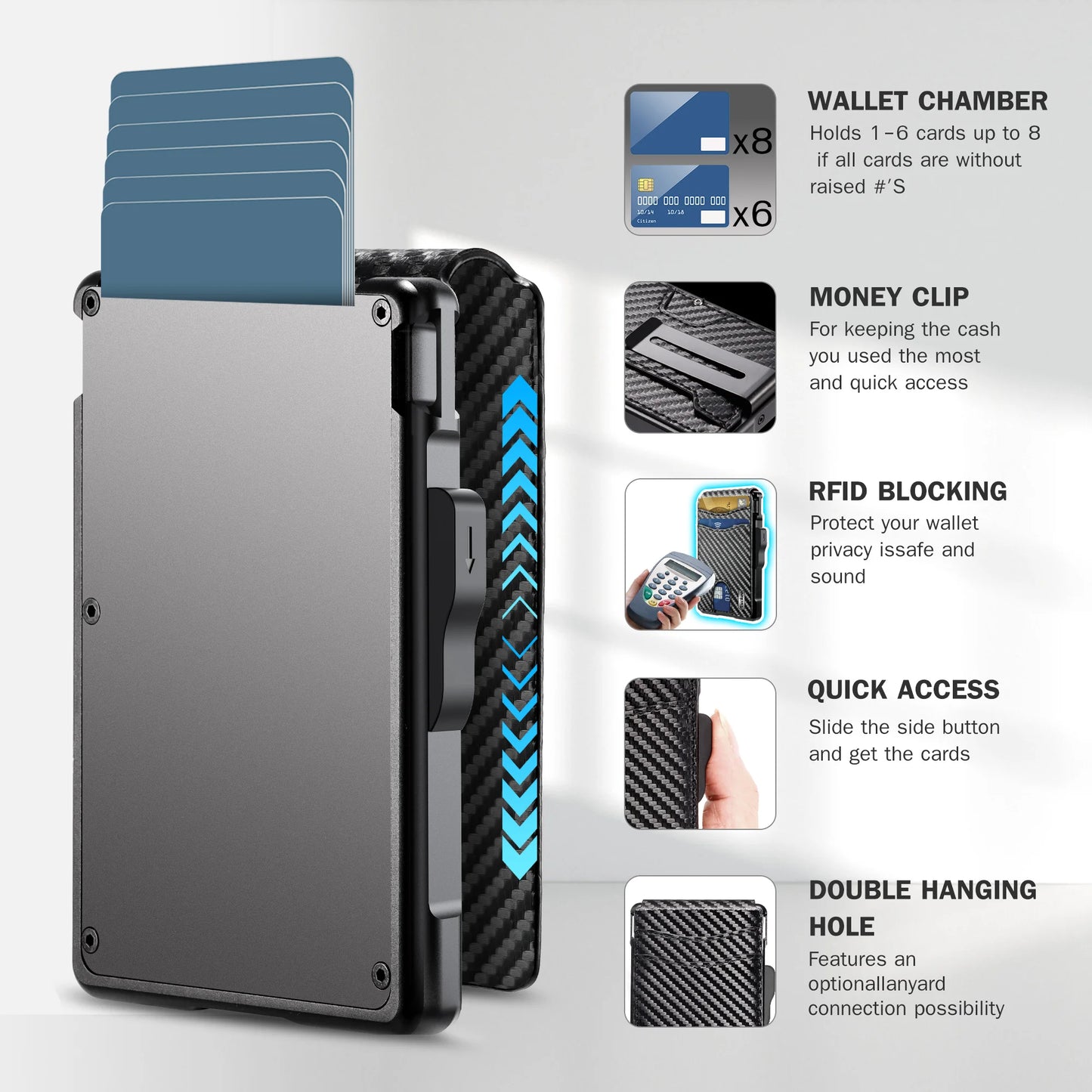 Minimalist Smart Wallet for Men: RFID Blocking Pop-Up Card Holder, Slim Carbon Fiber Leather Bifold with Money Clip & ID Window (Holds 9-13 Cards)