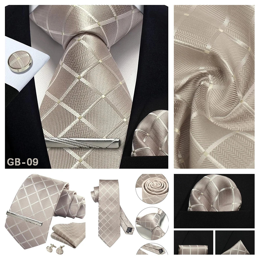 Classic Men’s 100% Silk Woven Tie Set – Plaid Necktie, Pocket Square & Tie Clip