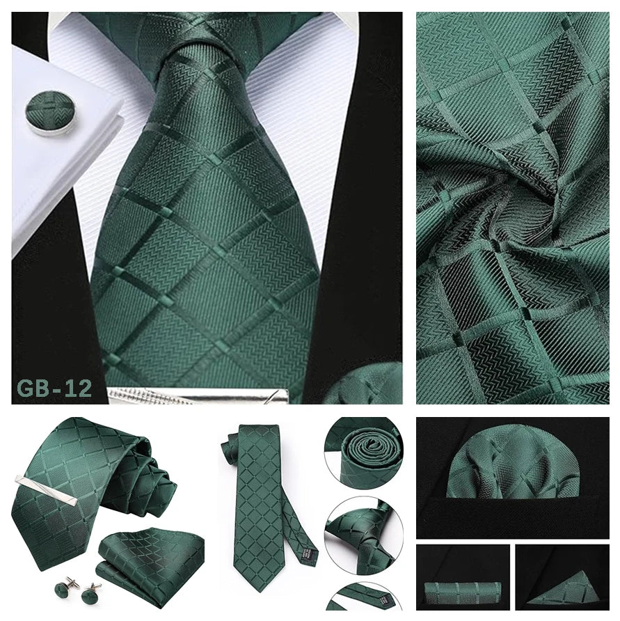 Classic Men’s 100% Silk Woven Tie Set – Plaid Necktie, Pocket Square & Tie Clip