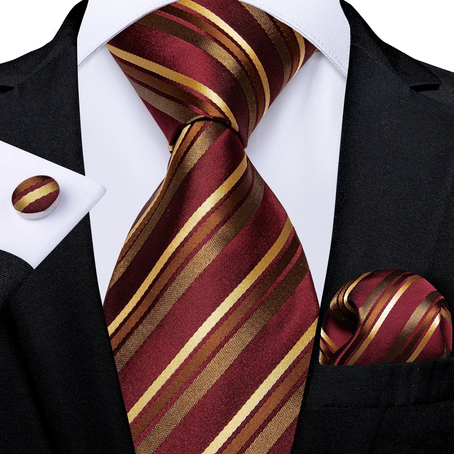 Men’s Luxury Blue Striped Tie Set – 8cm Necktie with Matching Pocket Square & Cufflinks