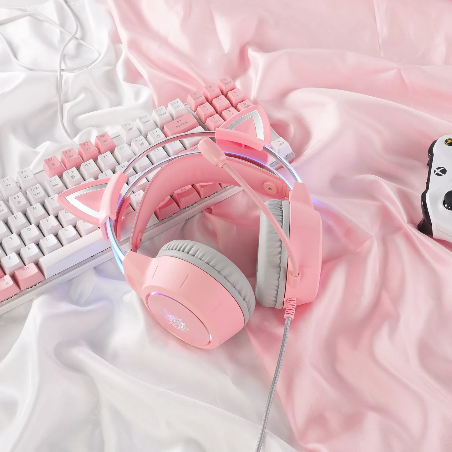 ONIKUMA X15 Pro RGB Gaming Headset – Wired Over-Ear Headphones with Pink Cat Ears & Noise-Cancelling Mic for PC & PS4