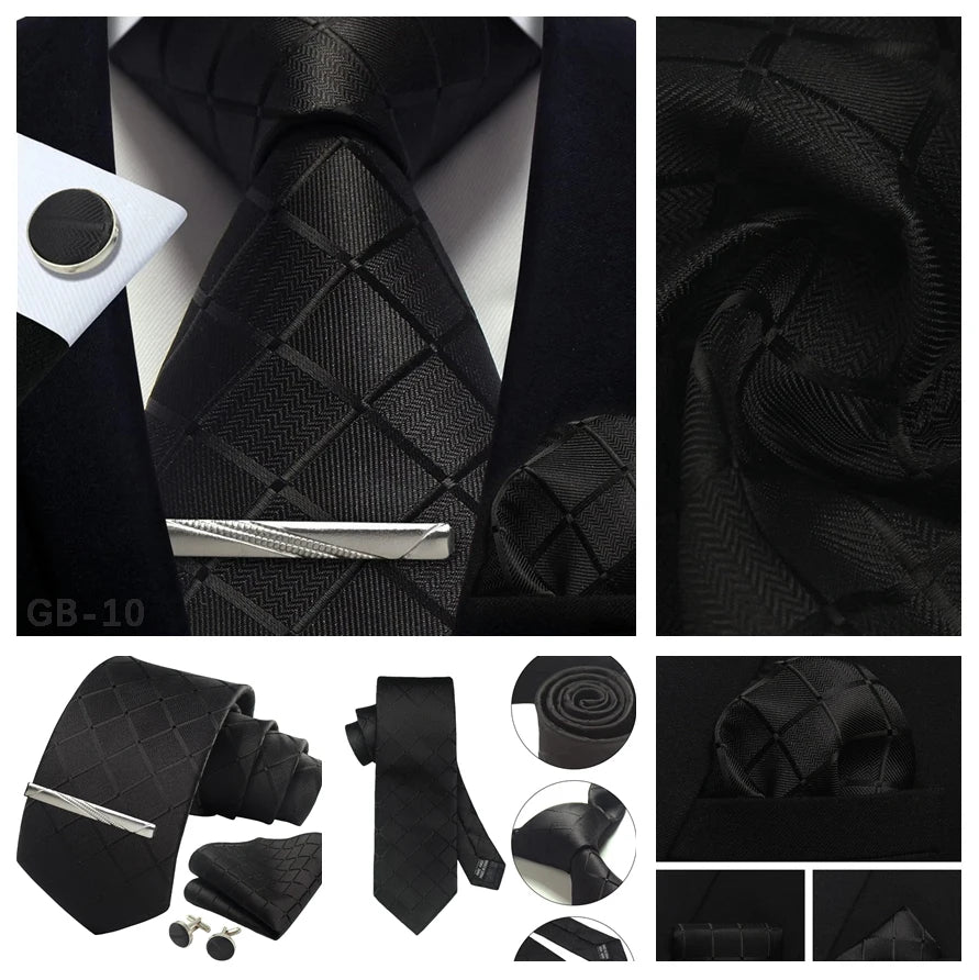 Classic Men’s 100% Silk Woven Tie Set – Plaid Necktie, Pocket Square & Tie Clip