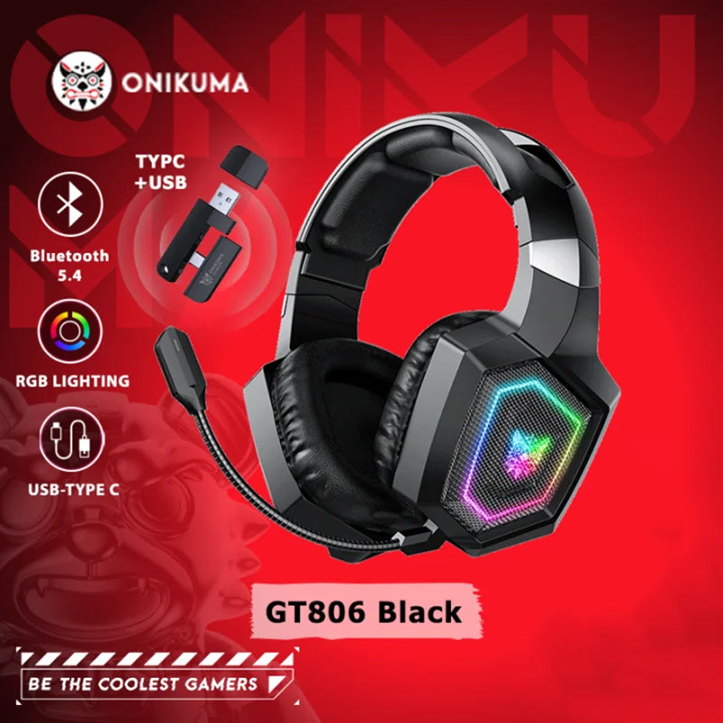 ONIKUMA GT806 Tri-Mode Wireless Gaming Headset with Detachable Noise-Cancelling Mic, RGB Lighting, 7.1 Surround Sound for PC, PS5, Mobile Devices
