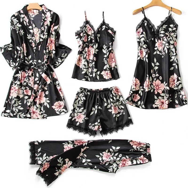 Women’s 5-Piece Sexy Pajama Set – Satin Lingerie with Chest Pad & Matching Bathrobe