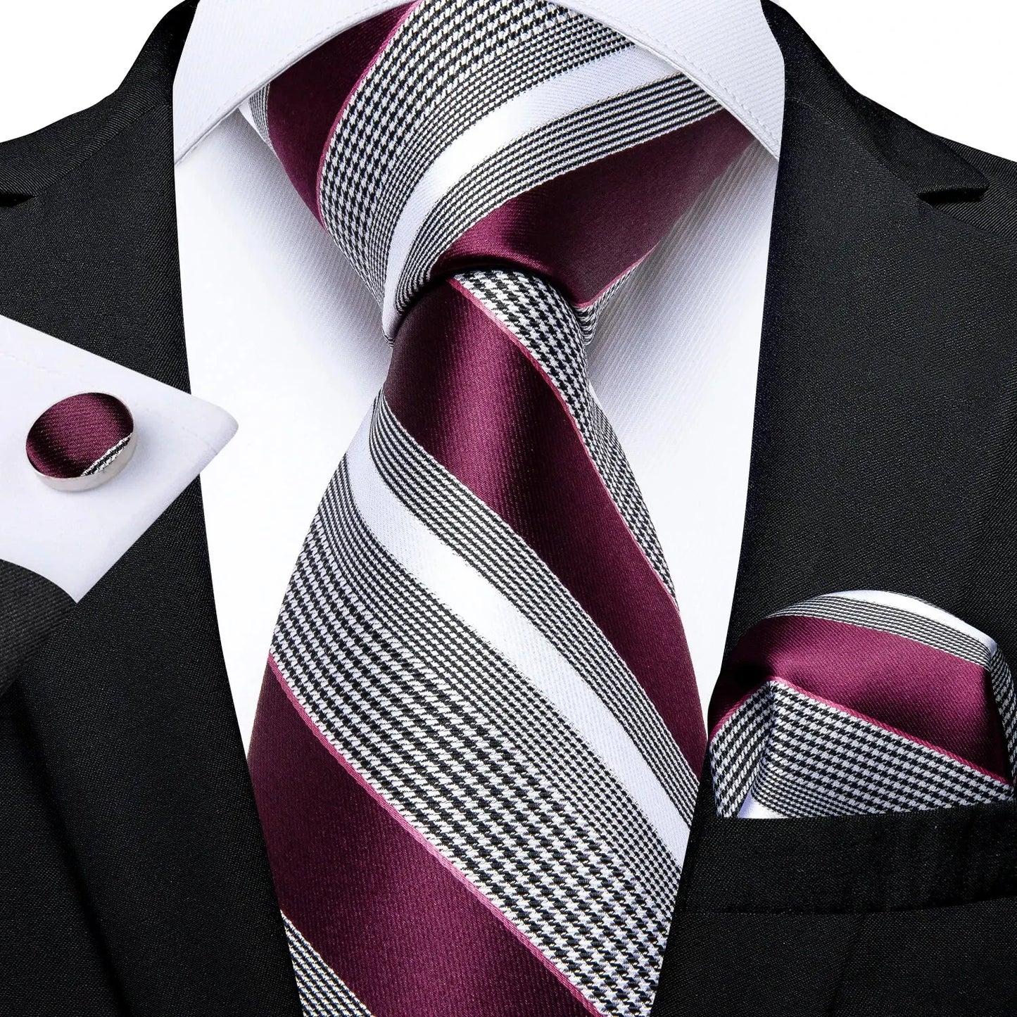 Men’s Luxury Blue Striped Tie Set – 8cm Necktie with Matching Pocket Square & Cufflinks