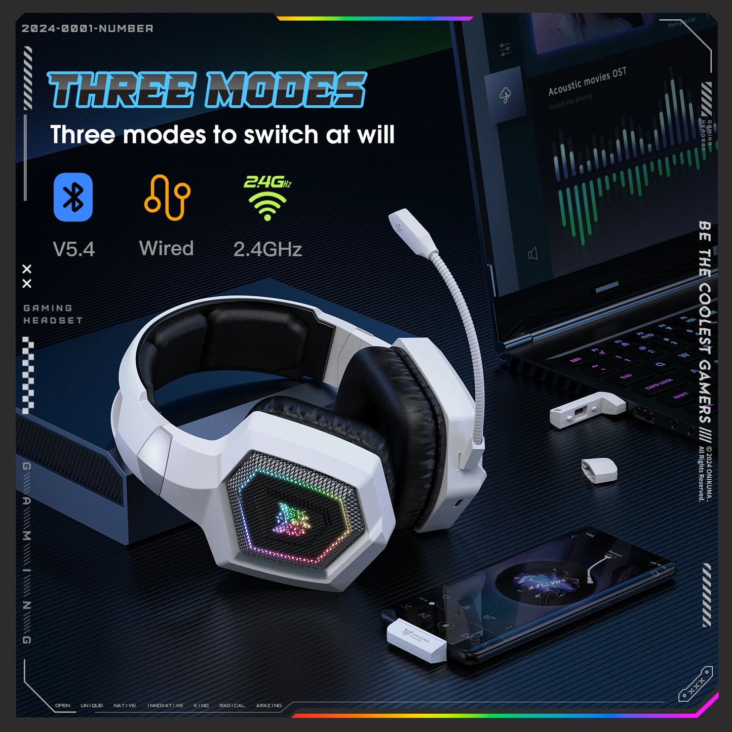 ONIKUMA GT806 Tri-Mode Wireless Gaming Headset with Detachable Noise-Cancelling Mic, RGB Lighting, 7.1 Surround Sound for PC, PS5, Mobile Devices