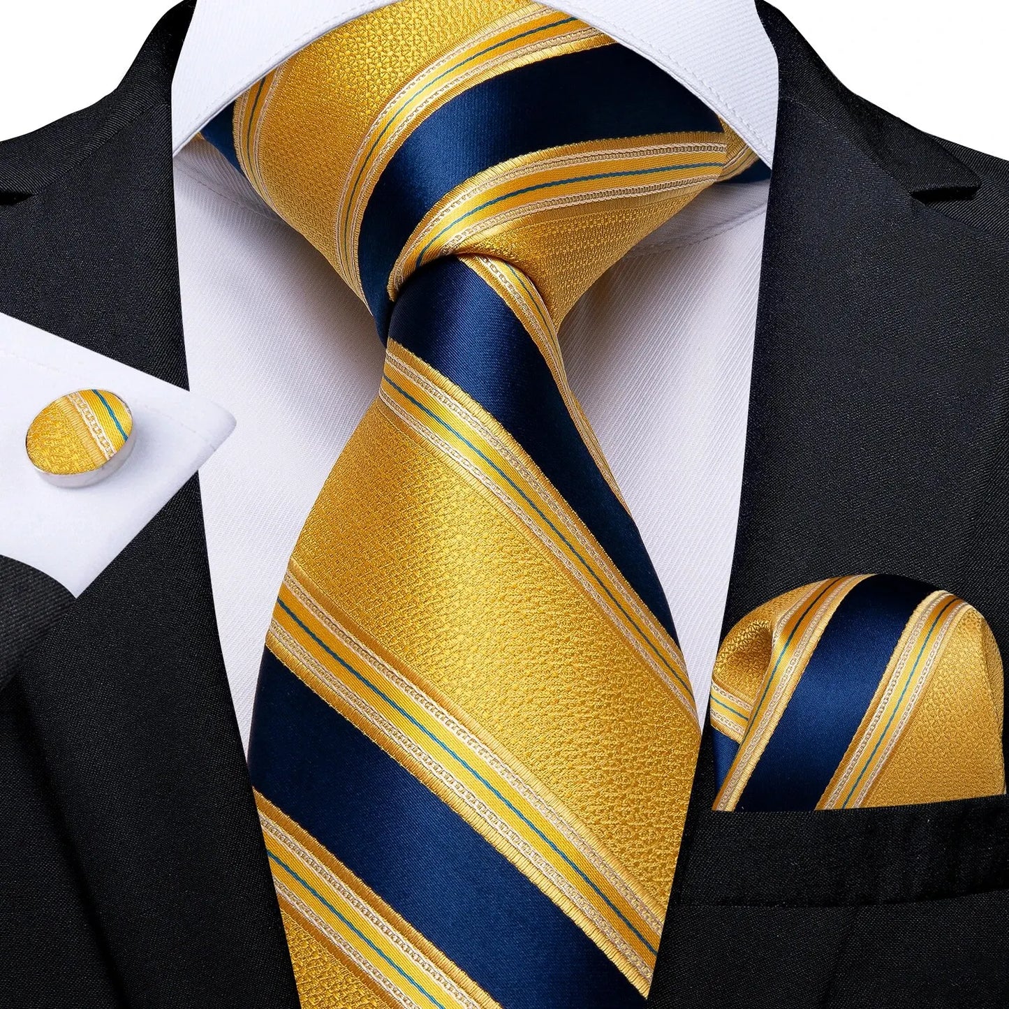 Men’s Luxury Blue Striped Tie Set – 8cm Necktie with Matching Pocket Square & Cufflinks
