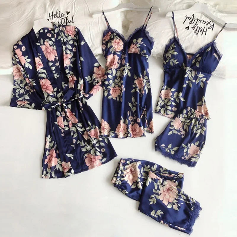 Women’s 5-Piece Sexy Pajama Set – Satin Lingerie with Chest Pad & Matching Bathrobe