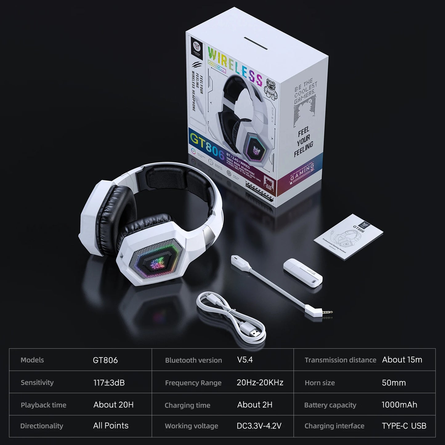 ONIKUMA GT806 Tri-Mode Wireless Gaming Headset with Detachable Noise-Cancelling Mic, RGB Lighting, 7.1 Surround Sound for PC, PS5, Mobile Devices