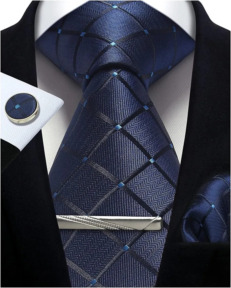 Classic Men’s 100% Silk Woven Tie Set – Plaid Necktie, Pocket Square & Tie Clip