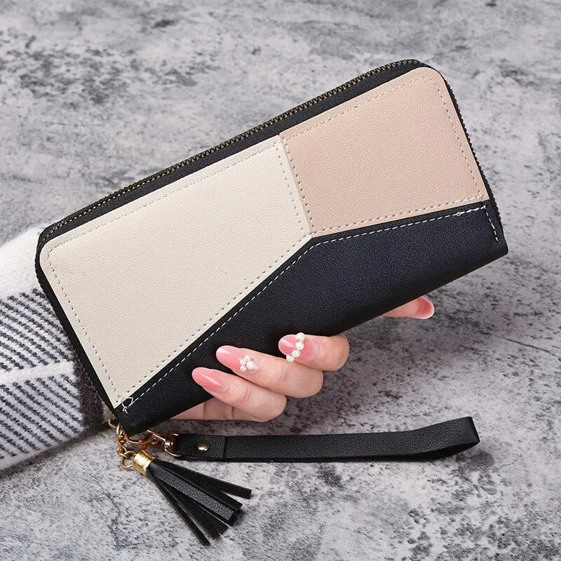 Long Wallet Tote for Women – PU Leather Zipper Wallet with Chain Detail