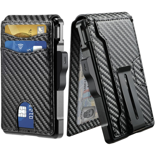 Minimalist Smart Wallet for Men: RFID Blocking Pop-Up Card Holder, Slim Carbon Fiber Leather Bifold with Money Clip & ID Window (Holds 9-13 Cards)