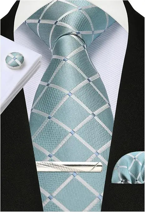 Classic Men’s 100% Silk Woven Tie Set – Plaid Necktie, Pocket Square & Tie Clip