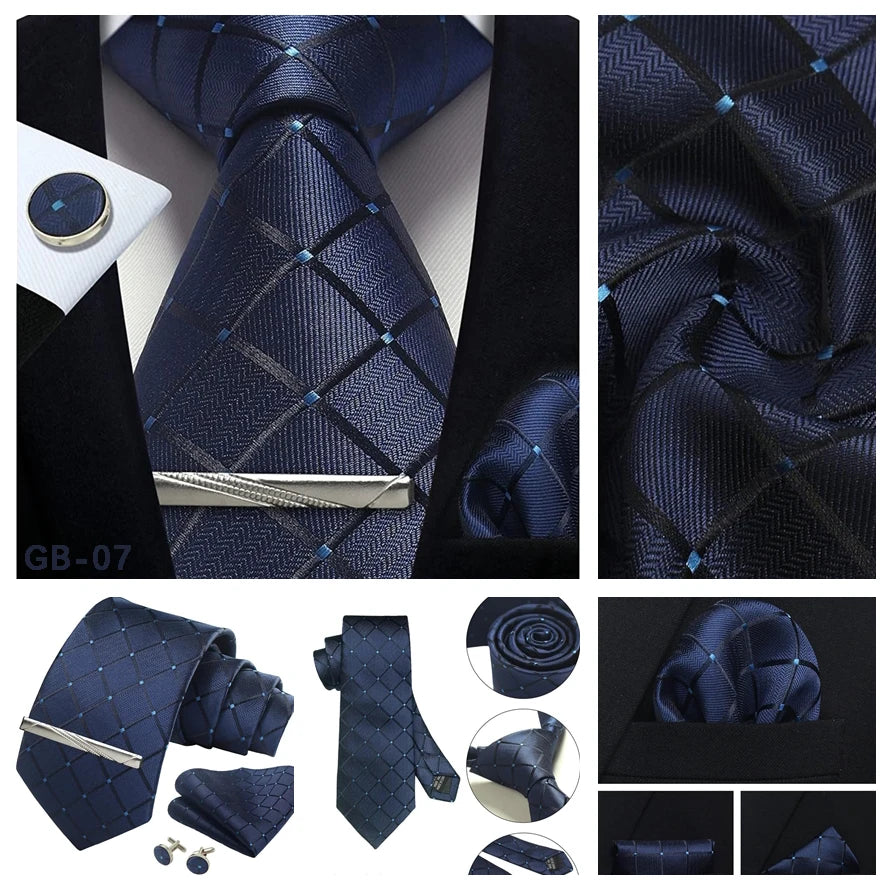 Classic Men’s 100% Silk Woven Tie Set – Plaid Necktie, Pocket Square & Tie Clip