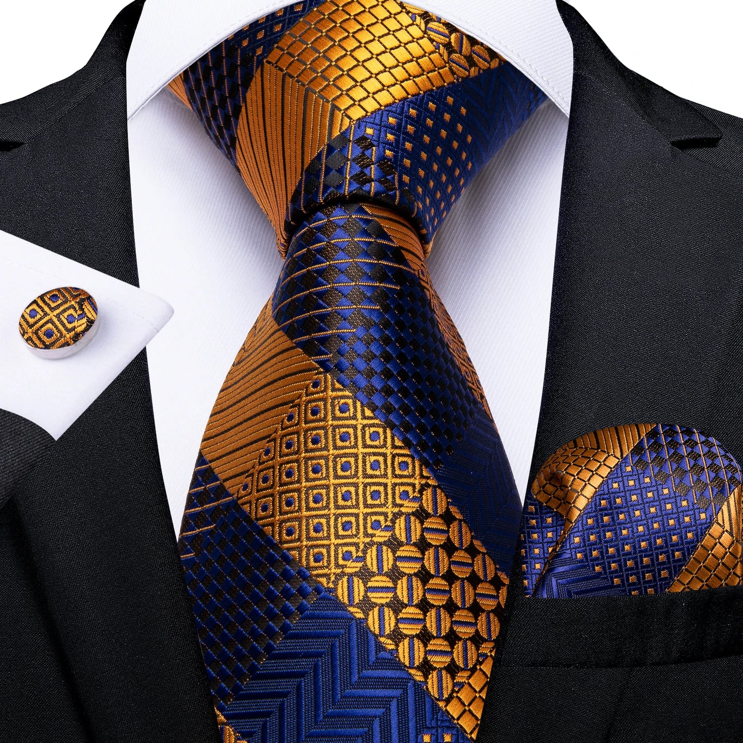 Men’s Luxury Blue Striped Tie Set – 8cm Necktie with Matching Pocket Square & Cufflinks